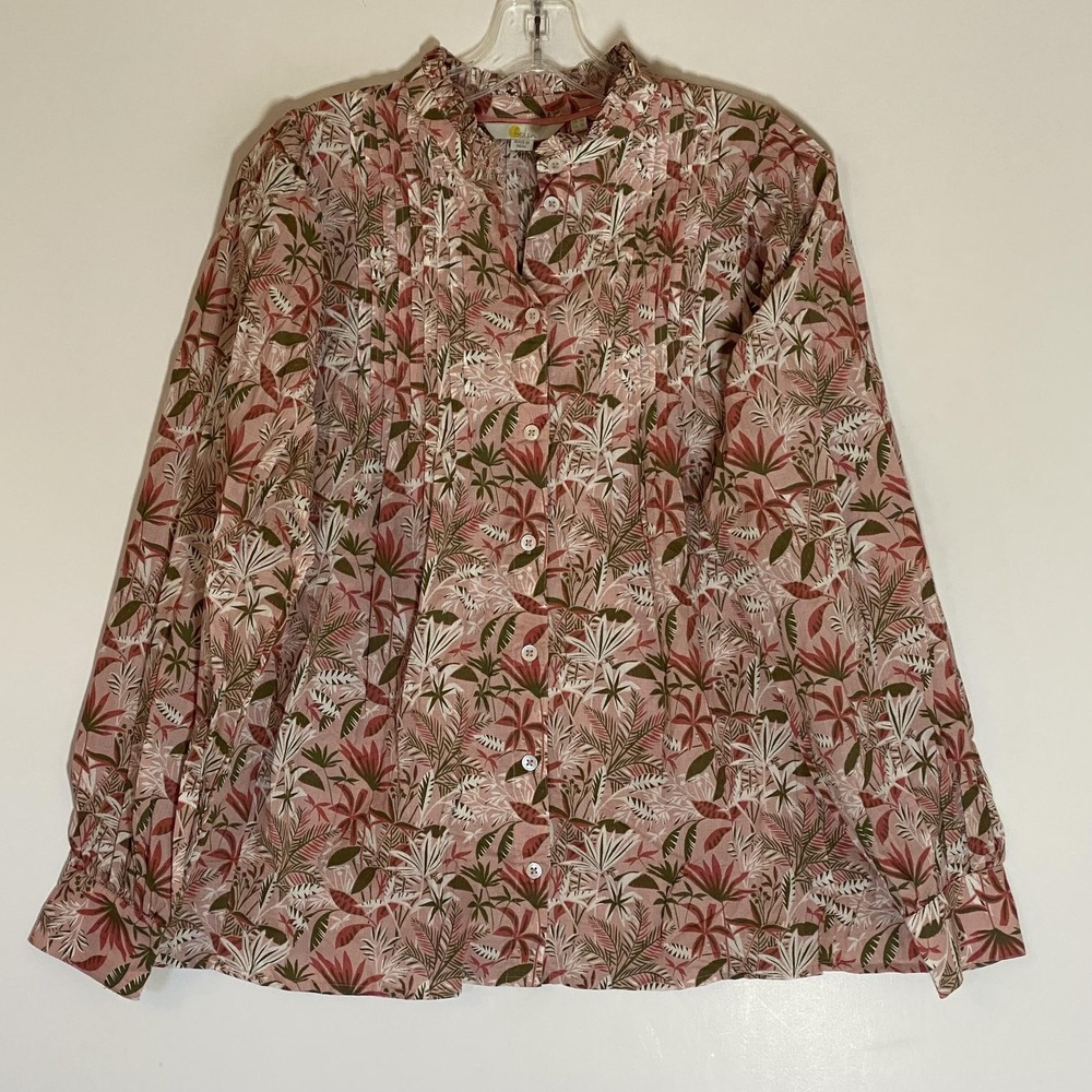Boden Blouse Womens 10 Pink Floral Ruffle Neck Long Sleeve 100% Cotton Classic
